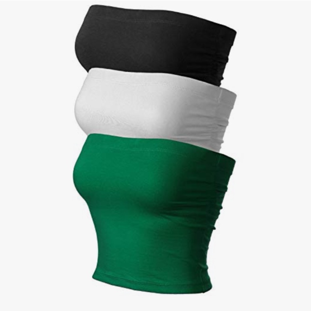 3-Pack Cotton Bandeau Tube Tops - Green, Black & White
